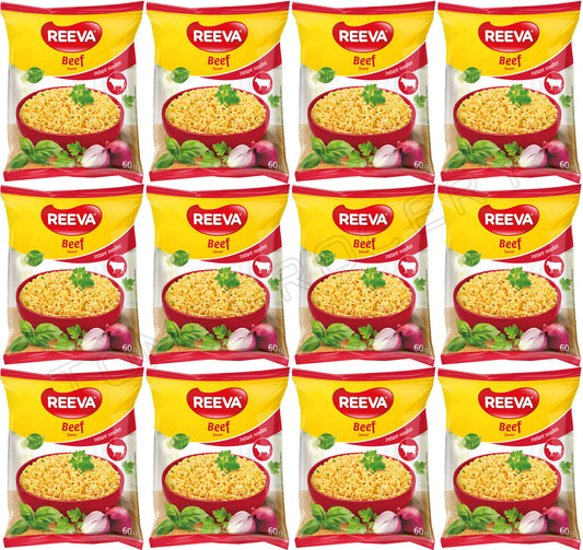 12 REEVA BEEF Flavor Instant Ramen Noodle Packs Snacks (Rollton) 60g 2.2oz
