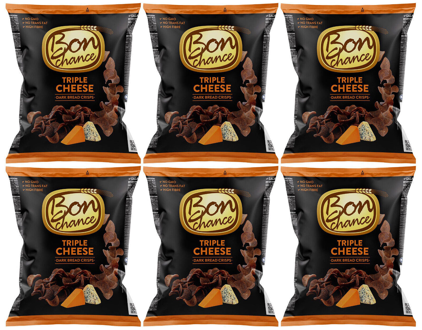 6 BON CHANCE TRIPLE CHEESE Flavor Baked Dark Bread Crisps Snacks Bags 120g 4.2oz