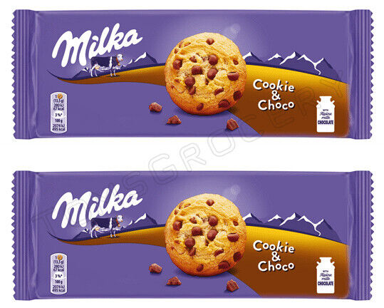 2 MILKA CHOCO COOKIES Crunchy Biscuits with Alpine Milk Chocolate Bits 135g