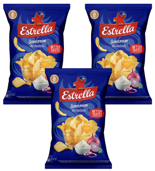 3 ESTRELLA Sour Cream & Onion Flavor Potato Chips European Snacks 130g 4.5oz