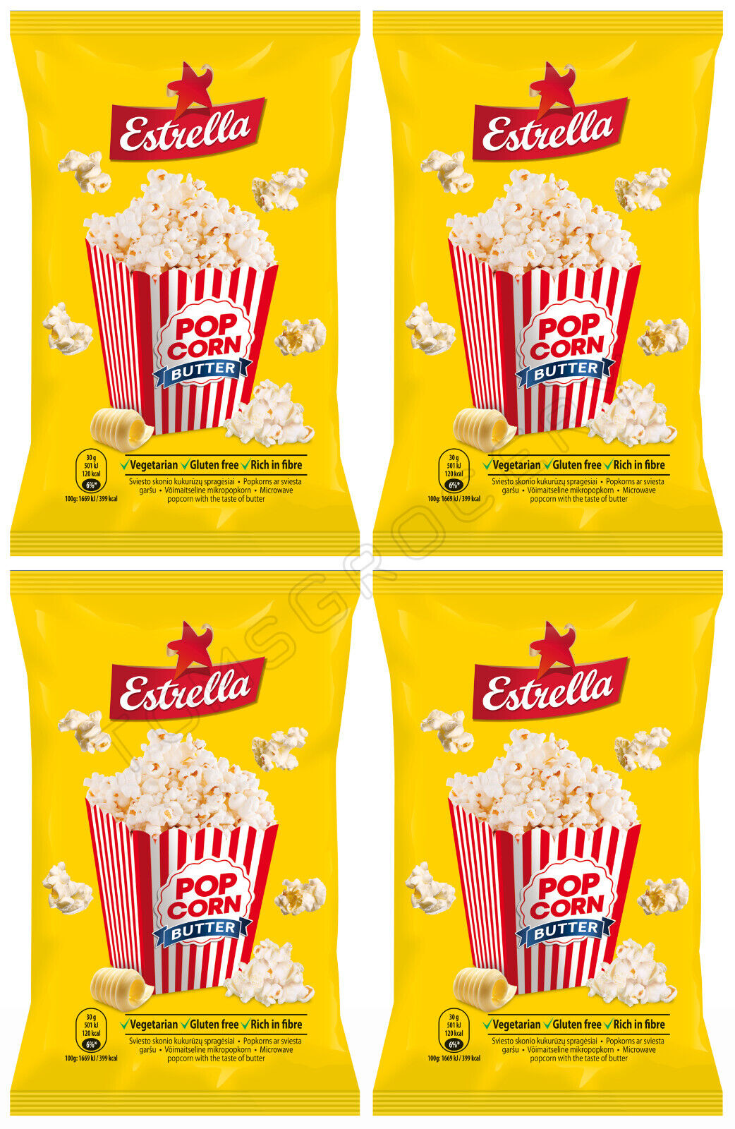 4 x ESTRELLA POP CORN BUTTER Flavor Snacks Microwave Ready Bags 90g 3.18oz