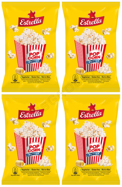 4 x ESTRELLA POP CORN BUTTER Flavor Snacks Microwave Ready Bags 90g 3.18oz