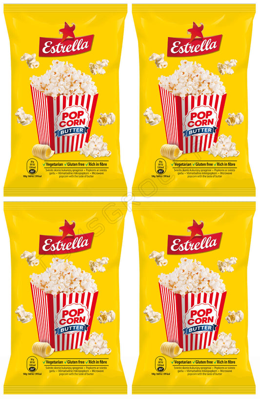 4 x ESTRELLA POP CORN BUTTER Flavor Snacks Microwave Ready Bags 90g 3.18oz