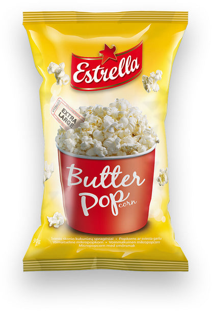 4 x ESTRELLA POP CORN BUTTER Flavor Snacks Microwave Ready Bags 90g 3.18oz