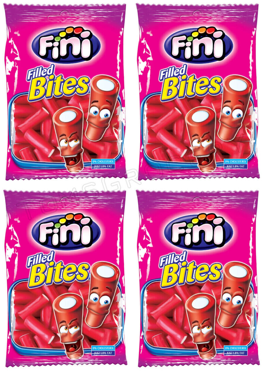 4 FINI STRAWBERRY Bites Gummy Candy Cream Filled Mini Tubes Party Sweets 90g