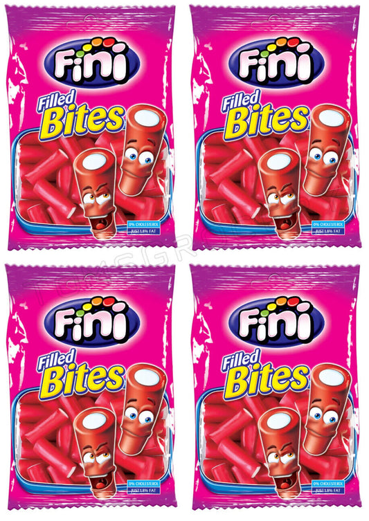 4 FINI STRAWBERRY Bites Gummy Candy Cream Filled Mini Tubes Party Sweets 90g