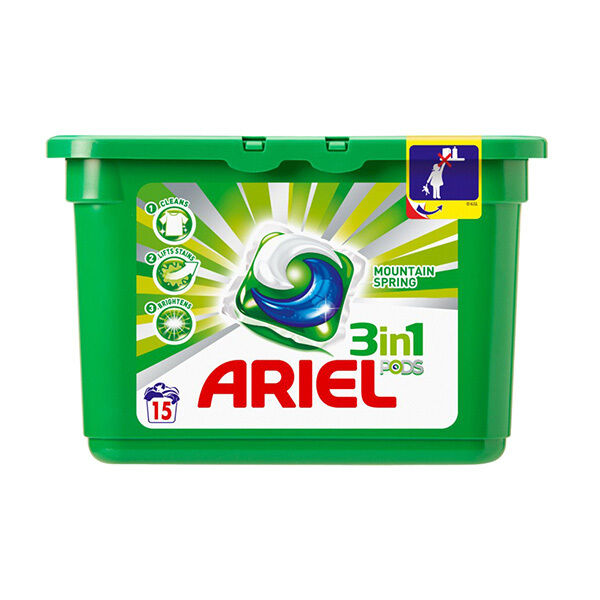 ARIEL Mountain Spring 3in1 Pods Caps 15 Laundry Washing Machine Capsules