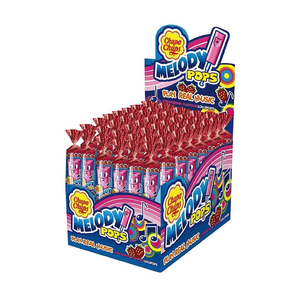 48 CHUPA CHUPS MELODY POPS Strawberry Flavor Lollipops Whistles Candy Sweets