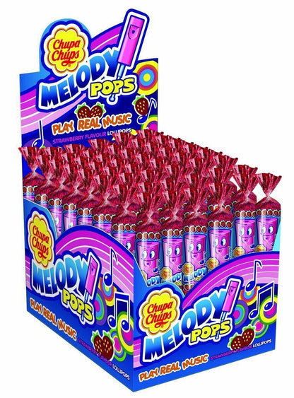 48 CHUPA CHUPS MELODY POPS Strawberry Flavor Lollipops Whistles Candy Sweets