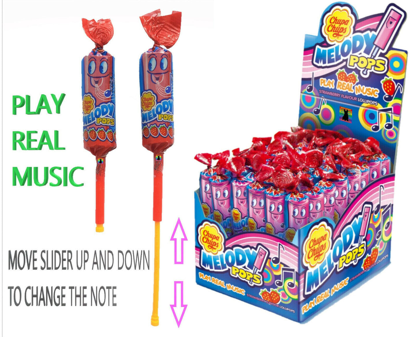 48 CHUPA CHUPS MELODY POPS Strawberry Flavor Lollipops Whistles Candy Sweets