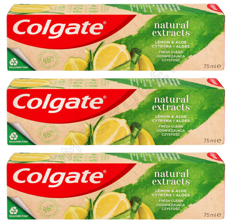 3 COLGATE NATURAL EXTRACTS Lemon & Aloe Fresh Clean Daily Toothpaste Tubes 75ml