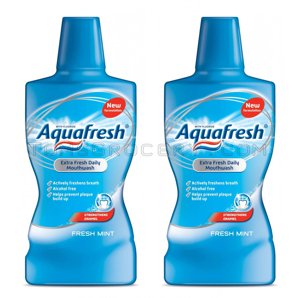 2 AQUAFRESH Fresh Mint Extra Fresh Daily Mouthwash Bottles 500ml