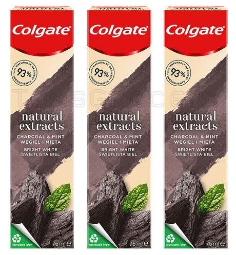 3 COLGATE NATURAL EXTRACTS CHARCOAL & MINT Daily Whitening Toothpaste Tubes 75ml