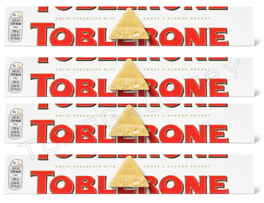 4 TOBLERONE WHITE Chocolate Bars with Honey & Almond Nougat 100g 3.5oz