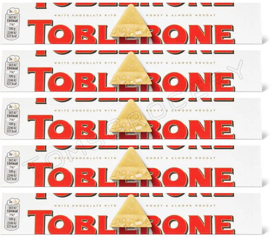 5 TOBLERONE WHITE Chocolate Bars with Honey & Almond Nougat 100g 3.5oz