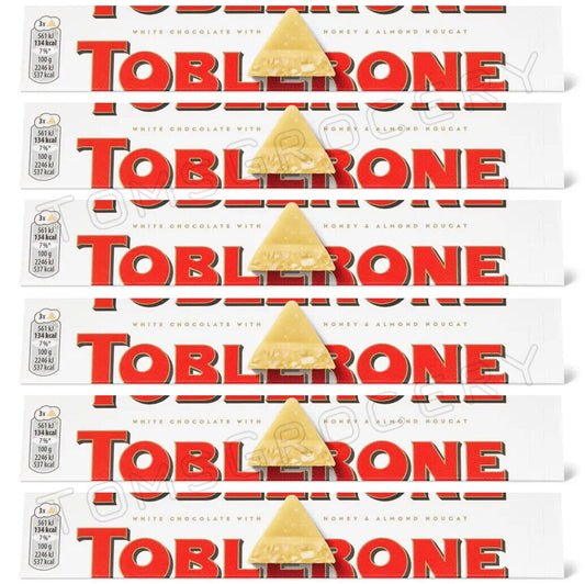 6 TOBLERONE WHITE Chocolate Bars with Honey & Almond Nougat 100g 3.5oz