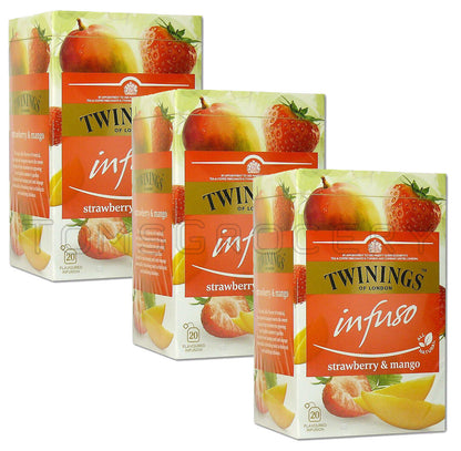 3 TWININGS STRAWBERRY & MANGO Flavor Natural Fruit Tea Boxes (60 servings)