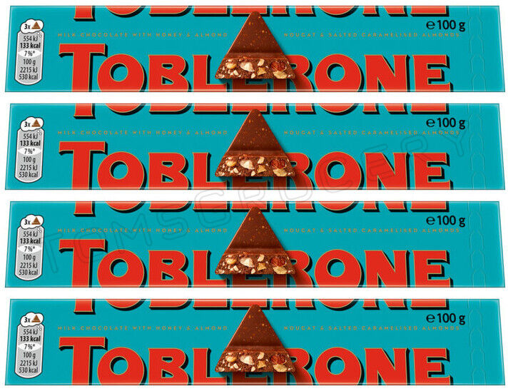 4 TOBLERONE CRUNCHY ALMONDS Swiss Chocolate Bars European Sweets 100g 3.5oz