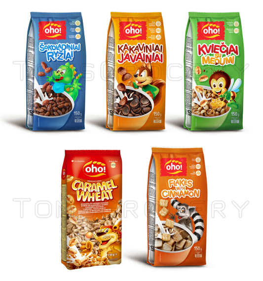 5 x OHO Breakfast Cereals Variety Pack Mix Puffed Honey Wheats Cinnamon Flakes