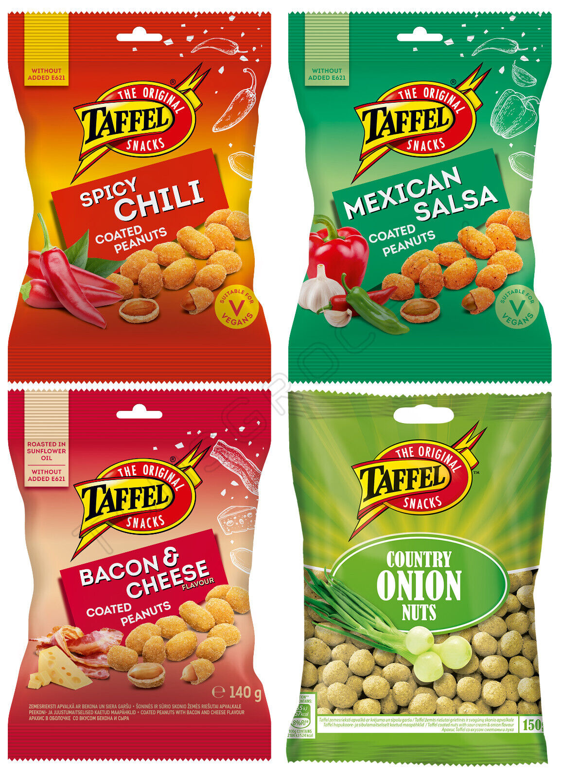 TAFFEL Coated Peanuts Snacks Spicy Chili Salsa Onion Flavors (Pack of 4)