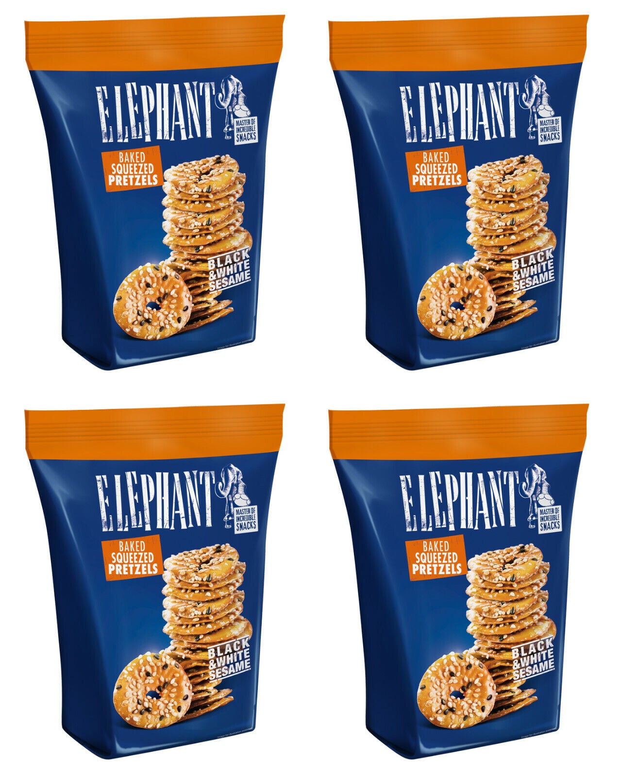 4 ELEPHANT Baked Squeezed Pretzels with Sesame Seeds Crackers Snacks 80g 2.8oz