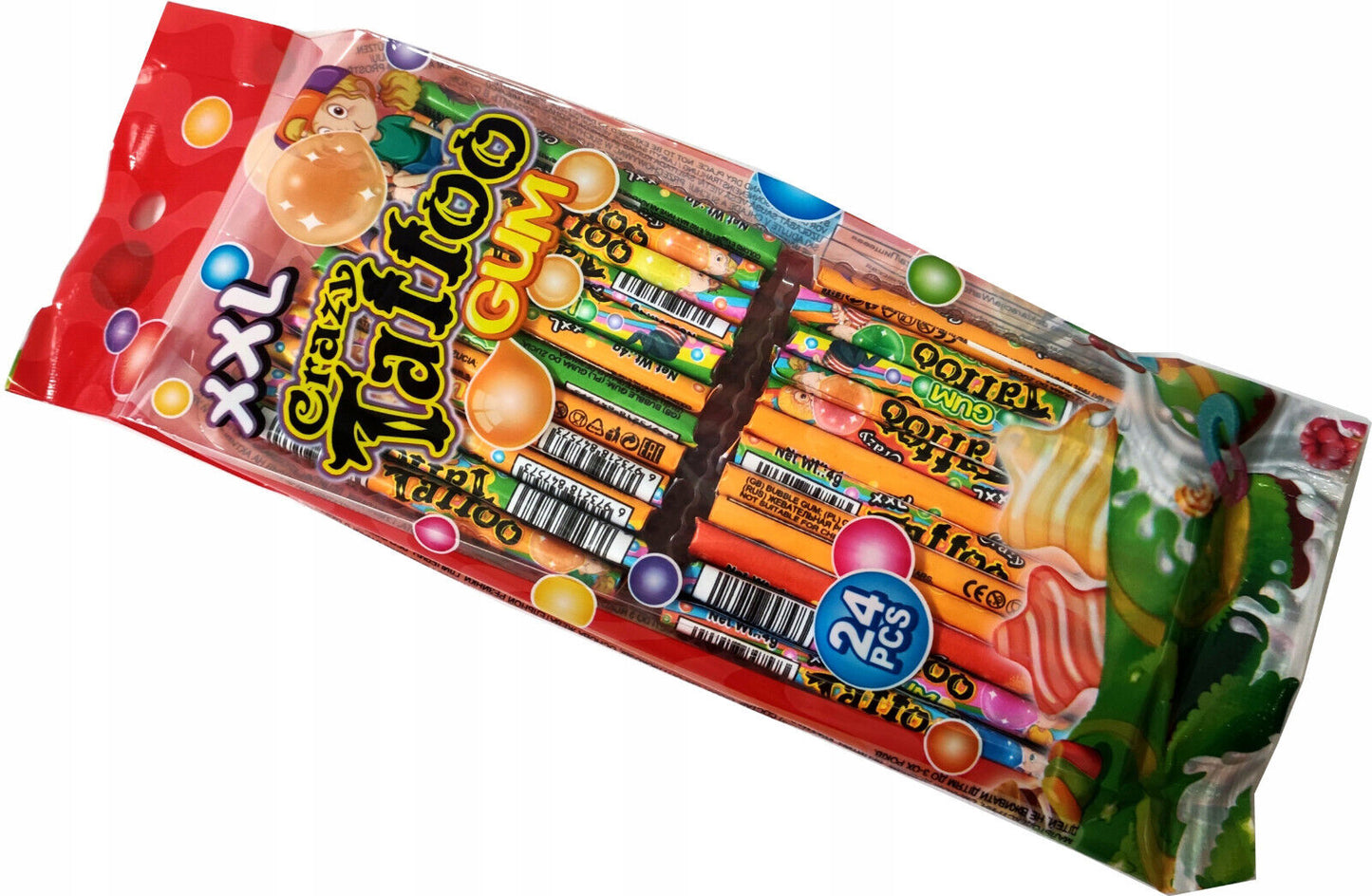 XXL CRAZY TATTOO BUBBLE GUM Party Sweets with Stickers (24pcs pack)