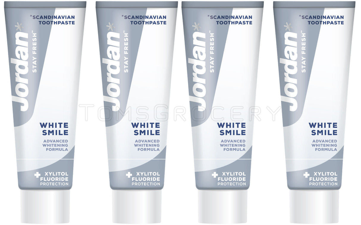 4 x JORDAN WHITE SMILE Xylitol & Fluoride Whitening Daily Toothpaste 75ml