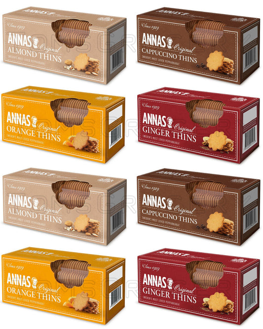 8 x ANNAS Traditional Swedish Thins Cookies Variety Mix 4 Flavors Bundle