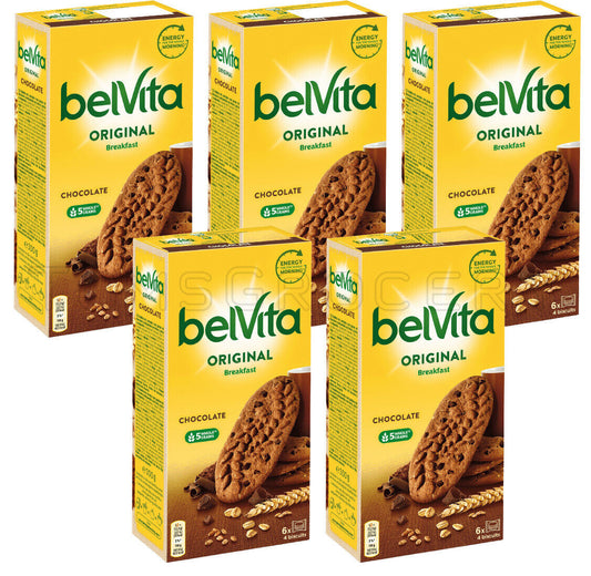 5 x BELVITA Wholegrain Healthy Breakfast Energy Biscuits Chocolate Cookies 300g