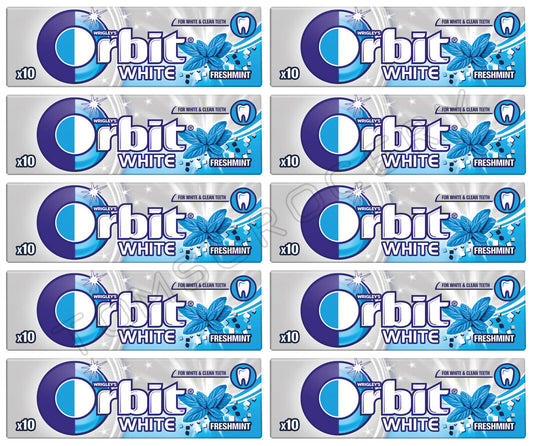 10 x WRIGLEY'S ORBIT WHITE FRESHMINT Flavor Sugarfree Chewing Gum 14g 0.49oz