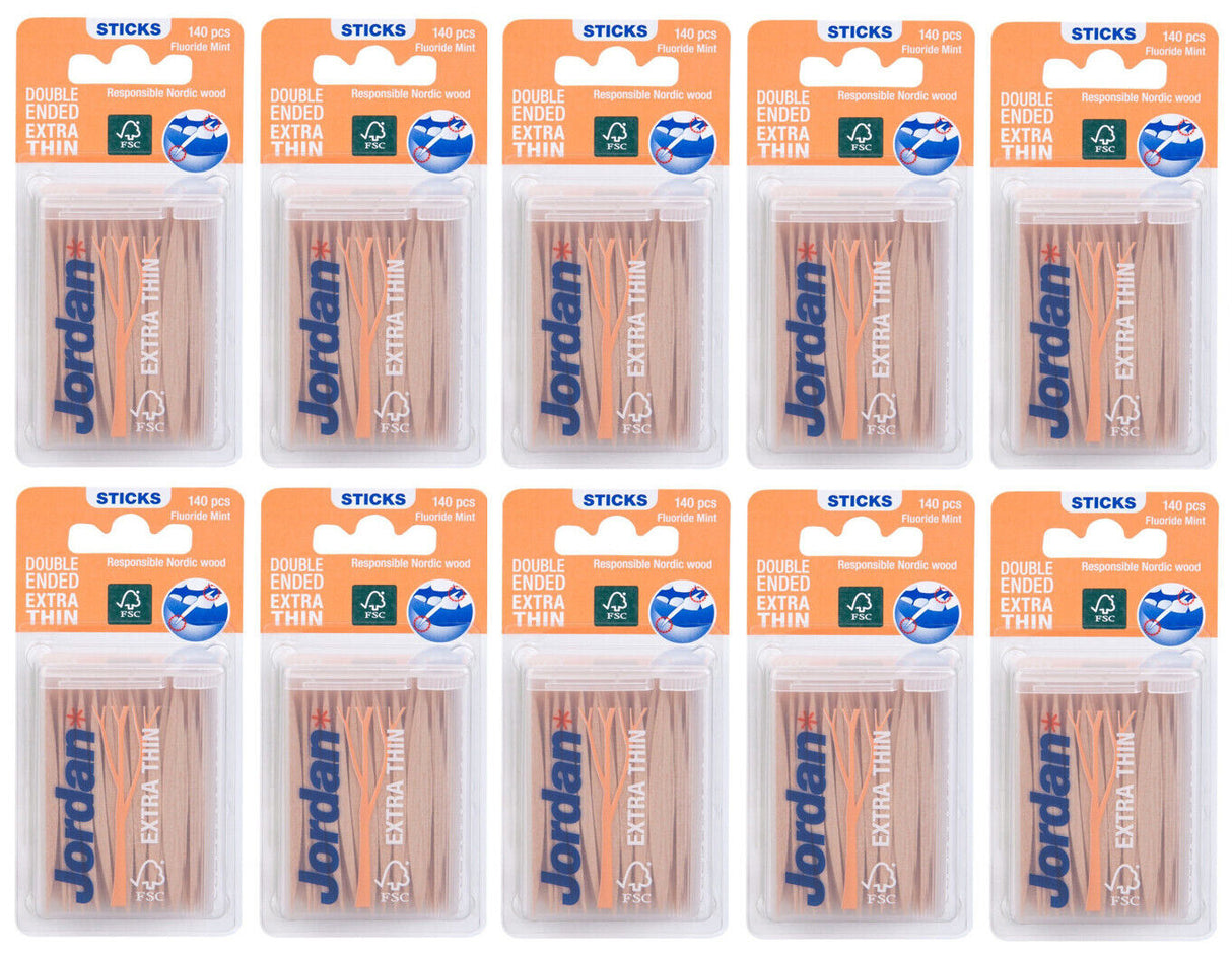 10 x JORDAN Extra Thin Fluoride Mint Double Ended Wooden Dental Toothpicks