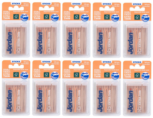 10 x JORDAN Extra Thin Fluoride Mint Double Ended Wooden Dental Toothpicks