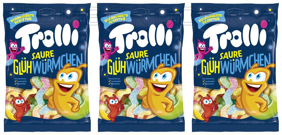 3 x TROLLI SOUR WORMS Sugar Coated Gummies German Sweets Candy Treats 100g 3.5oz