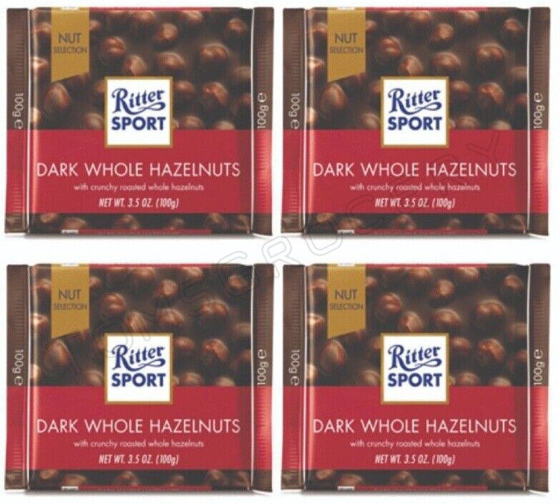 4 x RITTER SPORT Dark Whole Hazelnuts German Chocolate Bars Sweets 100g 3.5oz