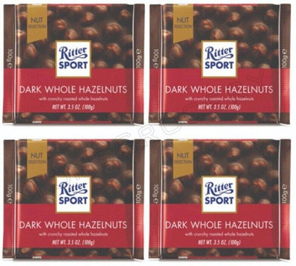 4 x RITTER SPORT Dark Whole Hazelnuts German Chocolate Bars Sweets 100g 3.5oz