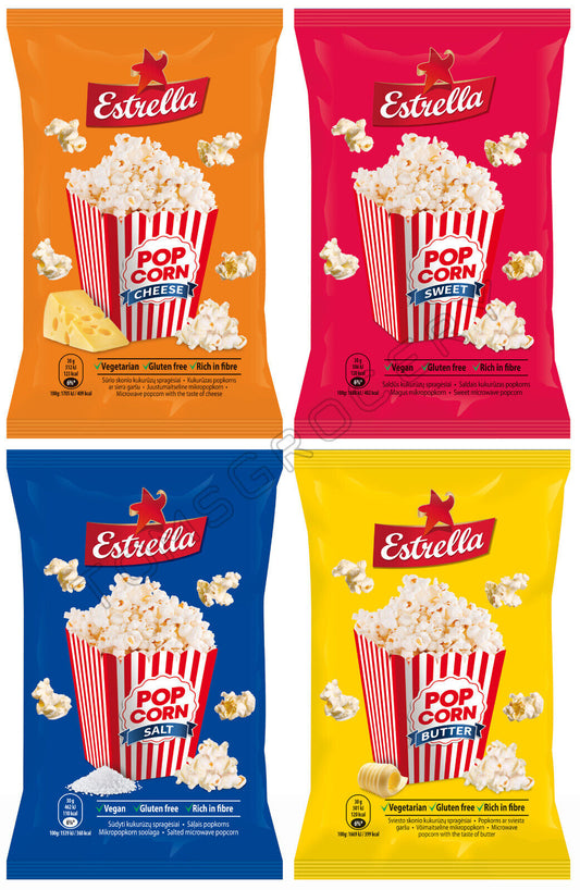 4 x ESTRELLA POP CORN PARTY FLAVORS MIX Snacks Microwave Ready Bags 90g 3.18oz