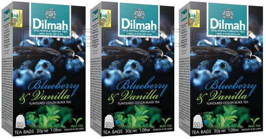 3 DILMAH BLUEBERRY & VANILLA Flavor Ceylon Black Tea Sri Lanka (60 servings)