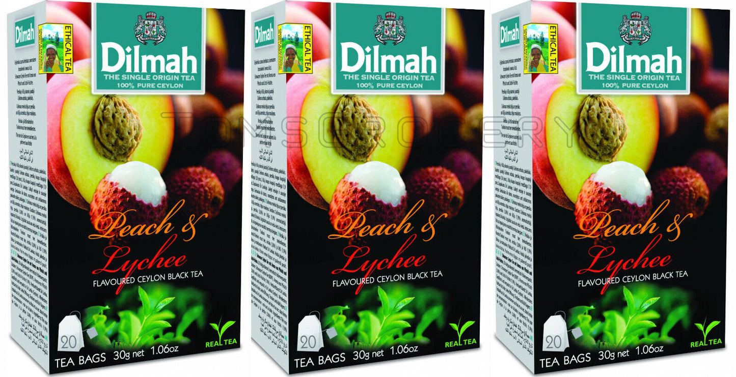 3 DILMAH PEACH & LYCHEE Flavor Ceylon Black Tea Boxes (60 servings total)