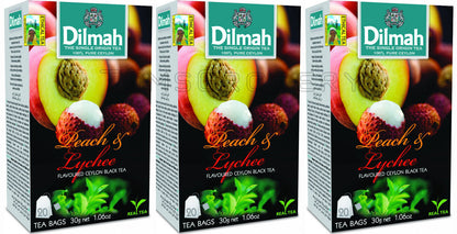 3 DILMAH PEACH & LYCHEE Flavor Ceylon Black Tea Boxes (60 servings total)