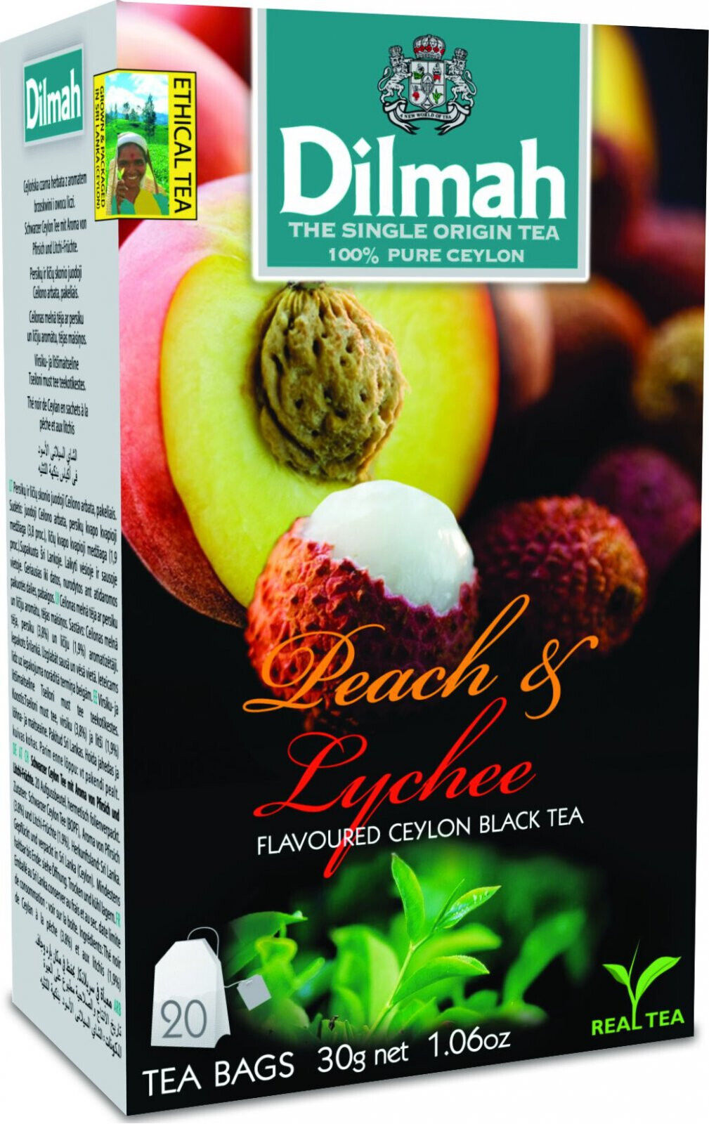 3 DILMAH PEACH & LYCHEE Flavor Ceylon Black Tea Boxes (60 servings total)