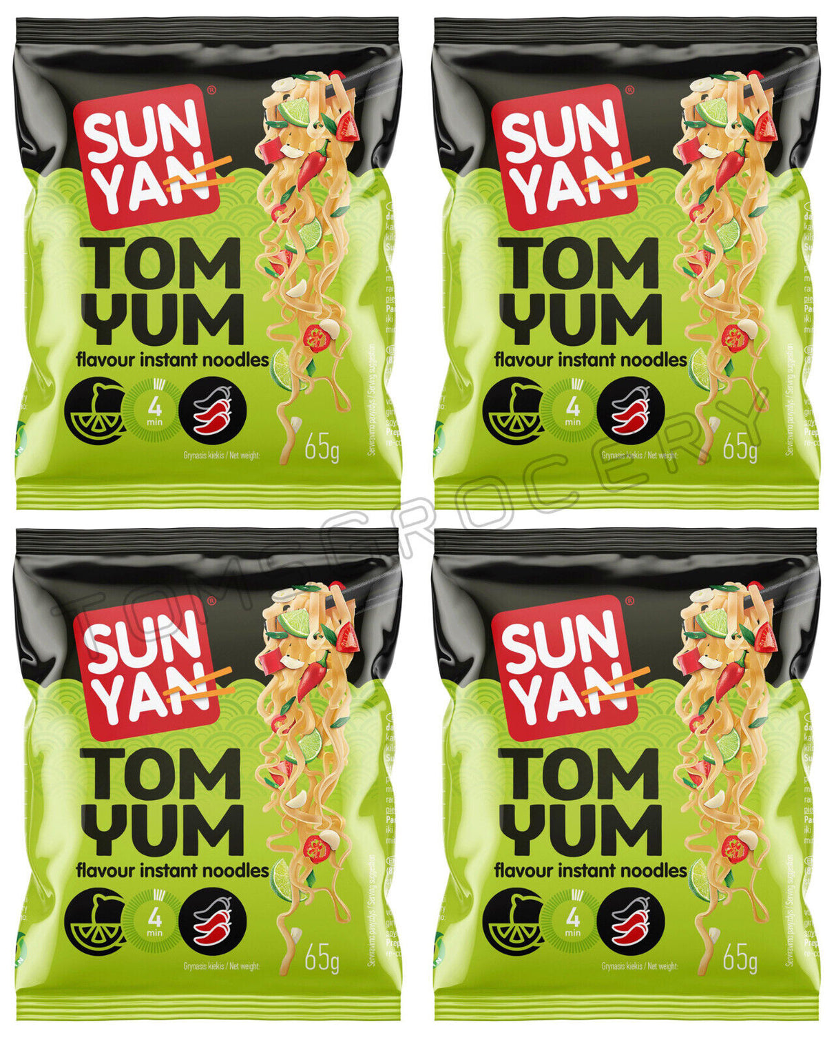 4 SUN YAN TOM YUM Instant Ramen Noodles Snacks Soup 65g 2.3oz