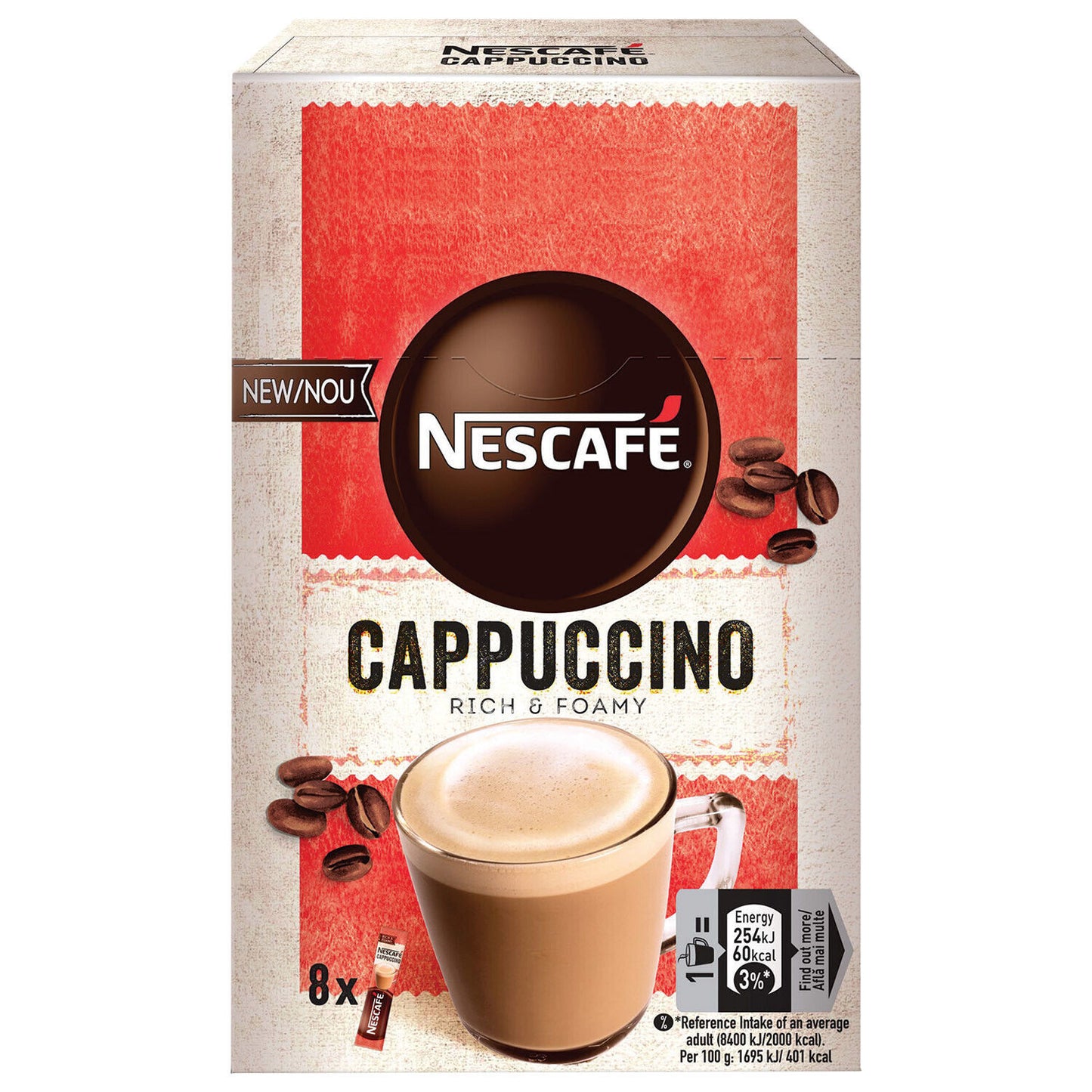 10 NESCAFE CAPPUCCINO Foamy Instant Coffee Drink Boxes 120g 4.2oz (80 servings)