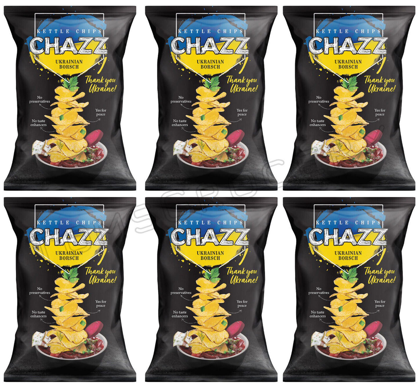 6 CHAZZ UKRAINIAN BORSCH Flavor Kettle Potato Chips Crisps Snacks 90g 3.1oz