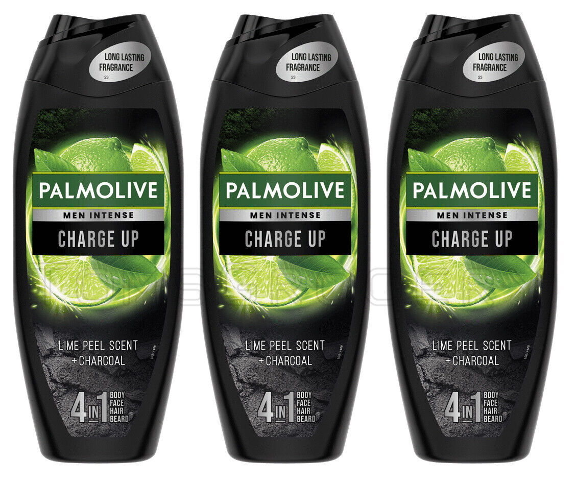 3 PALMOLIVE MEN INTENSE CHARGE UP Lime Scent & Charcoal 4in1 Shower Gel 500ml