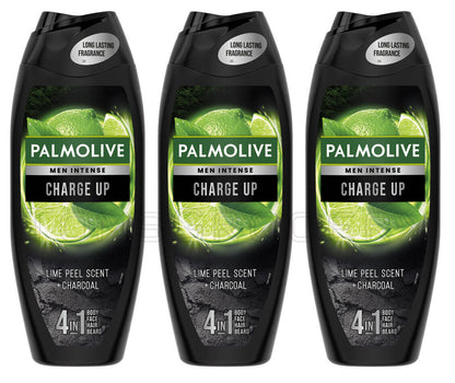 3 PALMOLIVE MEN INTENSE CHARGE UP Lime Scent & Charcoal 4in1 Shower Gel 500ml