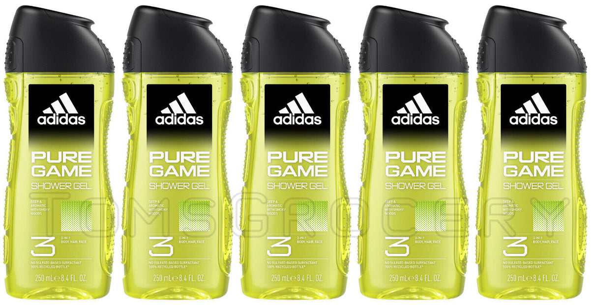 5 ADIDAS PURE GAME 3in1 Aromatic Shower Gel Bottles For Men 250ml
