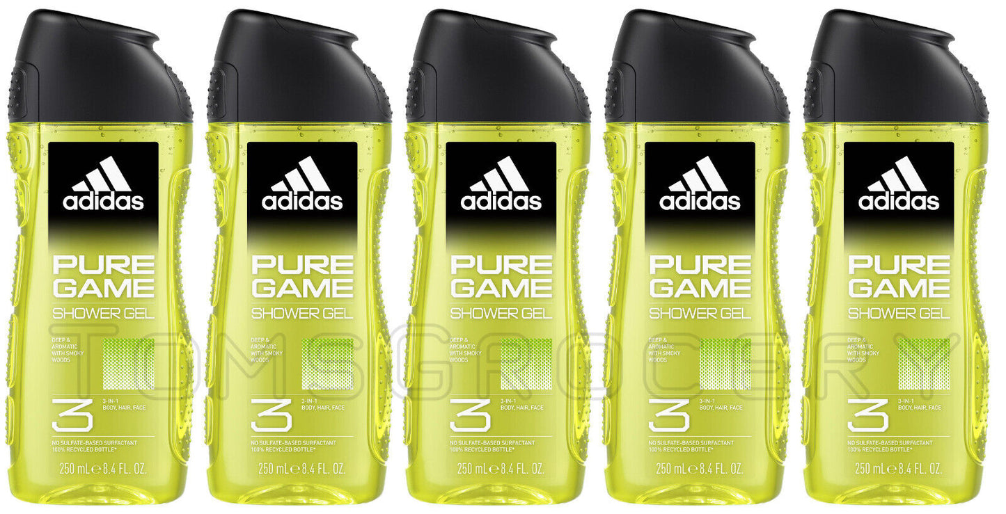 5 ADIDAS PURE GAME 3in1 Aromatic Shower Gel Bottles For Men 250ml