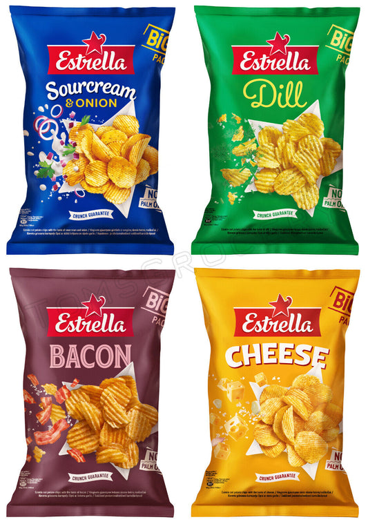 4 ESTRELLA POTATO CHIPS BUNDLE Flavor Mix European Snacks Variety 180g 6.3oz