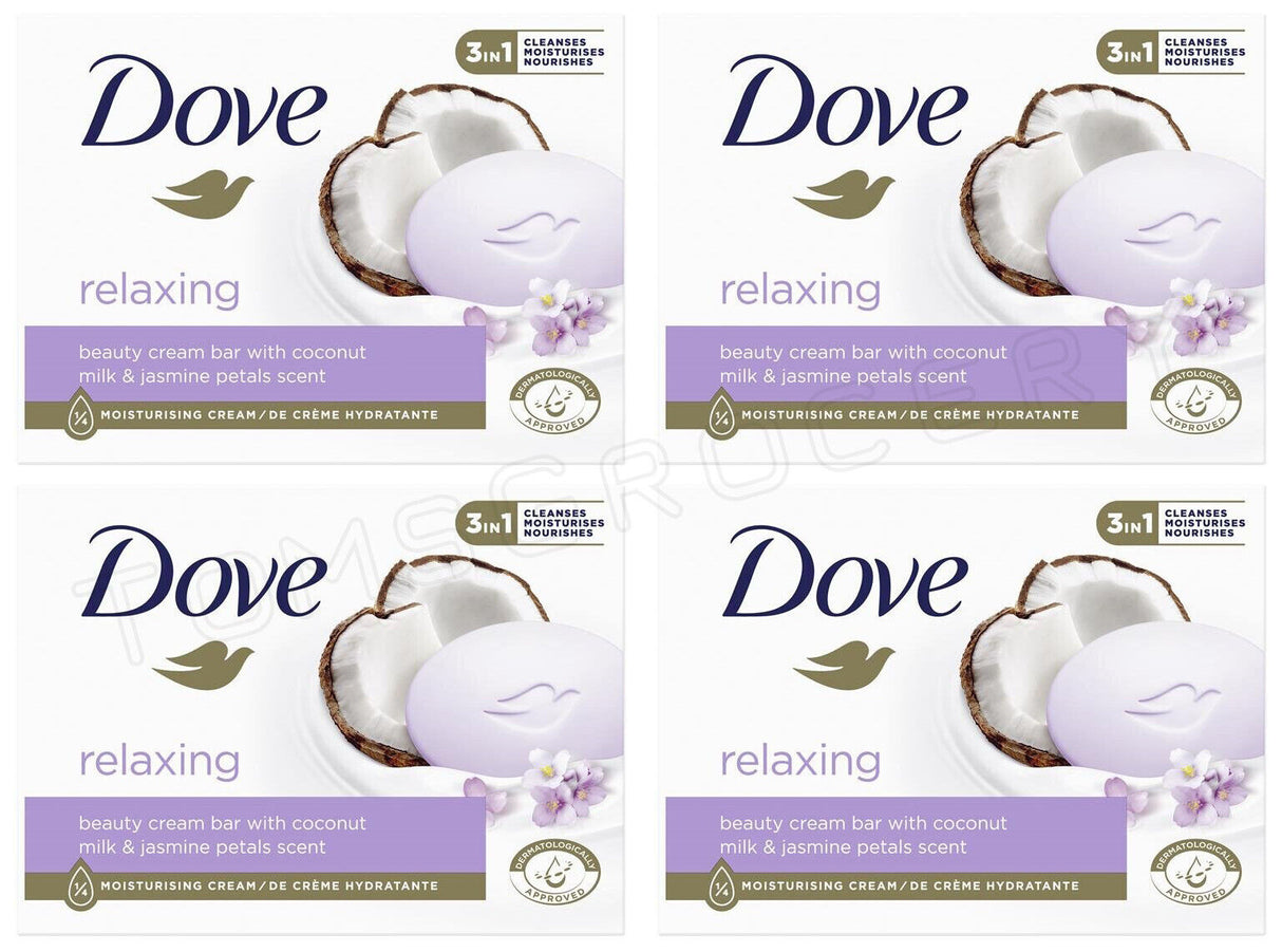 4 DOVE Relaxing Beauty Cream Bars with Coconut Milk & Jasmine Petals Scent 90g