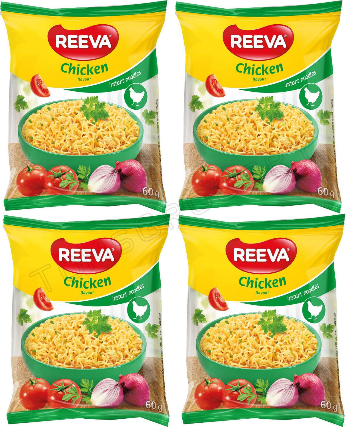 4 REEVA Chicken Flavor Instant Ramen Noodle Soup Snacks (Rollton) 60g 2.2oz
